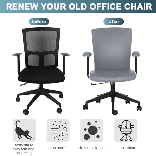 Tallew 4 Pcs Office Chair Covers PU Leather Office Desk Accessories Universal Computer Chairs Cover Stretchable Protective Chair Seat Covers Desk Armrest Cover Slipcovers Rotating Backrest(Grey) - color: Grey