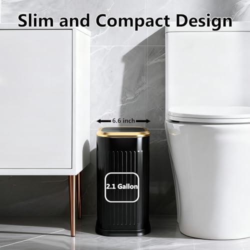 TIPGO Bathroom Trash Can with Lid, 2.1 Gallon / 8 Liter Small Garbage Can, Press Top Bin, Stainless Steel Wastebasket with Pop-Up Lid for Bedroom, Living Room, Office (Black) - color: Black