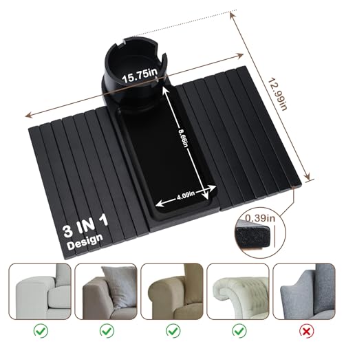 Couch Cup Holder Tray for Armrests Over 4.9" Wide, Bamboo Couch Arm Tray with 360° Rotating Phone Stand, 3 in 1 Foldable Sofa Arm Tray Table for Remote, Snacks, Phone, Drinks Black - color: Black+bamboo