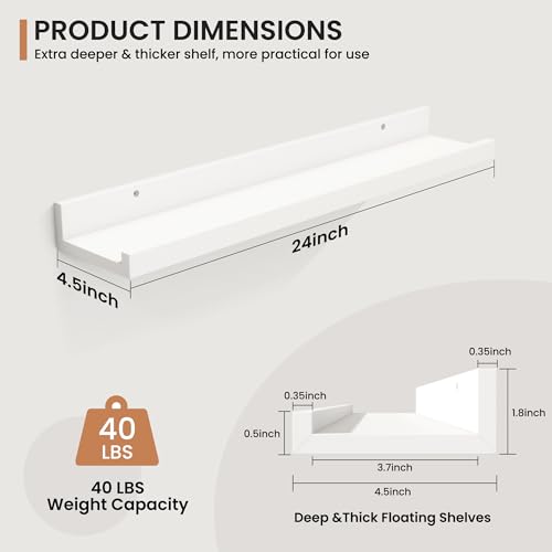 Fun Memories Picture Ledge Shelves Set of 2, 24 Inch Rustic Wall Mounted Floating Shelves with Lip for Home Storage and Décor in Bathroom, Kitchen, Nursery, Bedroom, Living Room, White - color: White, size: 24 inch, Set of 2