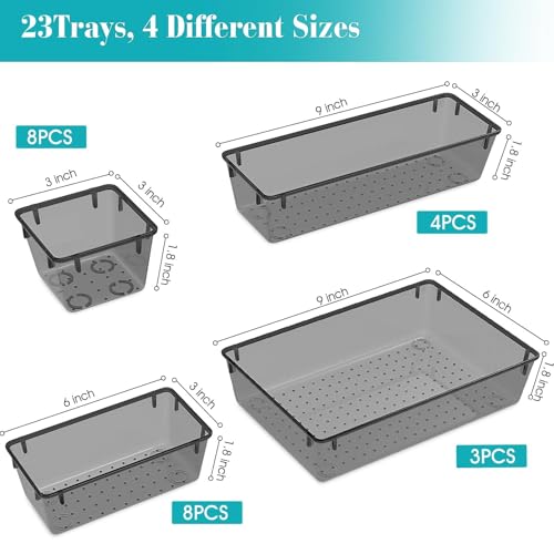 StorMiracle 23 PCS Clear Plastic Drawer Organizers Set, 4 Size Desk Drawer Organizer Trays for Makeup, Jewelry, Kitchen Utensils, Gadgets and Office Accessories, Black - color: Black, size: 23 PCS
