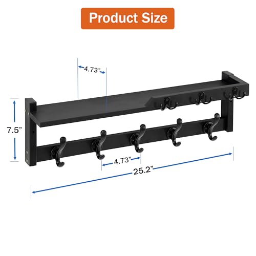 dreampossible 4 in 1 Coat Rack Wall Mount with Shelf, Coat Hooks 25.2" Entryway Coat Hanger with Key Hooks and Mail Holder, Wall Hooks with Shelf, Hat Rack for Wall Key Holder Mail Organizer - color: Black