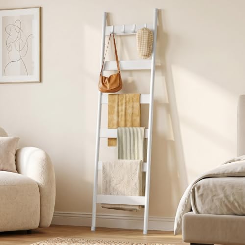 HOOBRO Blanket Ladder, 6-Tier Towel Rack with Hooks, Wall-Leaning Blanket Rack, Decorative Display Ladder Shelf, for Scarves, Industrial, Living Room, Bedroom, White WW66CJ01 - color: White, size: 17.3"L x 72.6"W