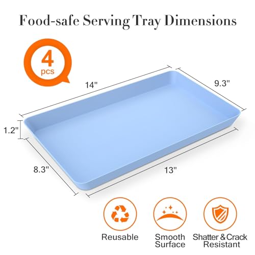 WOWBOX 4 pcs Serving Tray for Entertaining, Serving Platters for Snacks, Fruit, Cookies, Dessert, Reusable Plastic Trays for Serving Food and Pantry Organization in Kitchen & for Parties, (Blue) - color: Blue