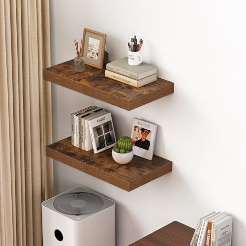 Dreamland 24" Floating Shelves for Wall, 12" Deep Thicker Floating Shelves, Wall-Mounted Shelves for Bedroom, Living Room, Kitchen, Bathroom,Rustic Brown - Set of 2 - color: Rustic Brown, size: 24"W x 12"D x 2"H, Set of 2