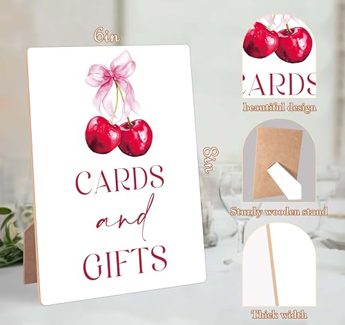 Cherry Wedding Signs for Reception, Pink Bow Cards and Gifts Sign, Berry Wooden Wedding Signs with Stand, Pink Bow Bridal Shower Decoration, Bridal Shower Party Supplies for Reception, 15 - color: Wedding15