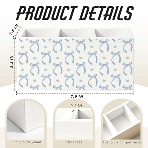 Coquette Blue Bow Pen Pencil Holder for Desk, Preppy Room Bedroom Decor, Preppy Blue Ribbon Bow Wooden Box Sign Decorations for Girls Bedroom Room Dorm Desk Tabletop - color: 02-Blue Bow(white)