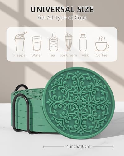 Drink Coasters, Coasters Set of 6 for Cup with Holder, Non-Slip Silicone Cup Mats for Hot and Cold Drinks, Cute Absorbent Coffee Bar Accessories Table Decor, Green - color: Green