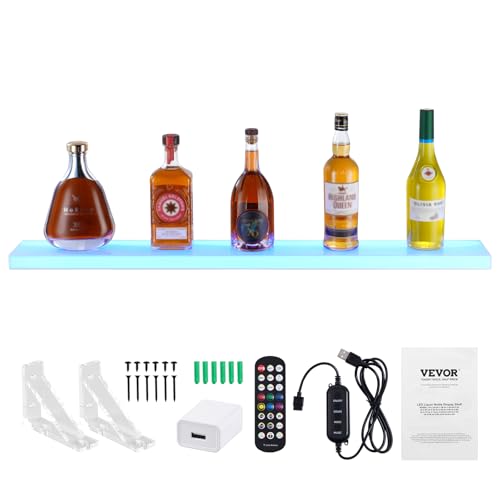 VEVOR LED Lighted Liquor Bottle Display, 1 Tier 40 Inch Wall Mounted Whiskey Rack Stand, 1 Step Commercial Illuminated Home Bar Shelf, Acrylic Drinks Light Shelves with RF Remote & App Control - size: 1 Step 40 Inches