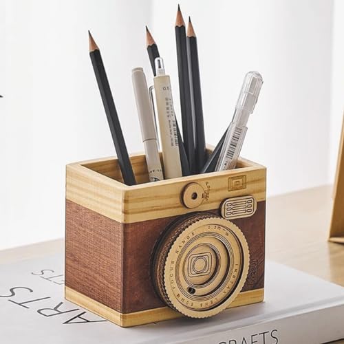 HAOXU 1pc Wooden Unique Pen Holder, Retro Camera Learning Stationery Pencil Holder For Student, Office And Home Small Item Storage Decoration Bucket - Style B