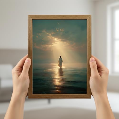 Framed Christian Wall Art, Jesus Walking on Water Canvas Print with Wooden Frame, Religious Faith Wall Decor for Living Room Bedroom Prayer Room Church, Ready to Hang, 12x16in - color: lanse, size: 16"L x 12"W