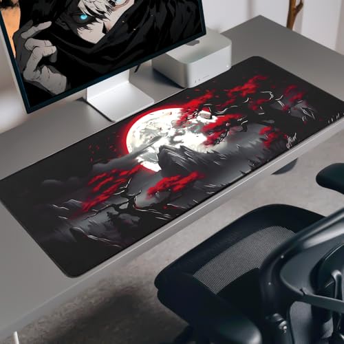 FreeNook Large Gaming Mouse Pad, Anime Black Mousepad with with Non-Slip Base, Expanded Cool Desk Mat, Mountain Moon Scenery XL Keyboard Mat Suitable for Home Office,35.4 X 15.7 Inch - color: Trees Mountains, size: 35.4L x 15.7W inches
