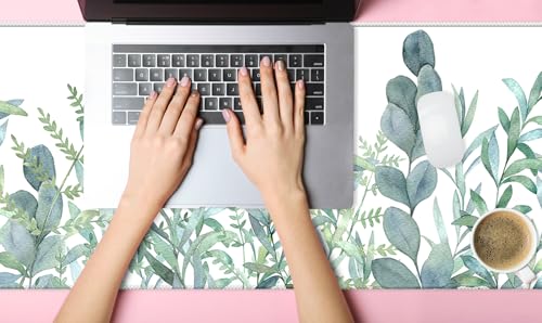XXL Waterproof Office Desk Pad Protector 31.5x11.8 Inch - Extended Gaming Mouse Pad with Non-Slip Rubber Base, Thickened Keyboard Mat, Stitched Edges & Green Plants Design - color: Green White