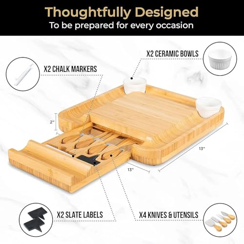 Charcuterie Board Cheese Board Set Portable Serving Platter for Cheese Meat, Fruits & Snacks with 4 Knives, 2 Bowls & Labeling Tool Perfect Housewarming Gifts for Women