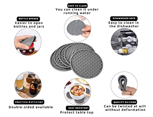 Coasters for Drinks 6 Pcs Drink Coaster with Holder,Heat Resistant Silicone Cup Mat Tabletop Protection,Non-Slip Rubber Coasters for Kinds of Cups (Grey) - color: Gray-plastic Holder