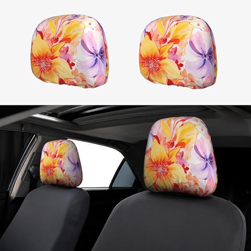 2PCS Headrest Covers for Cars Flowers Print Detachable Head Rest Cover for Women - color: Beautiful Flowers Yellow