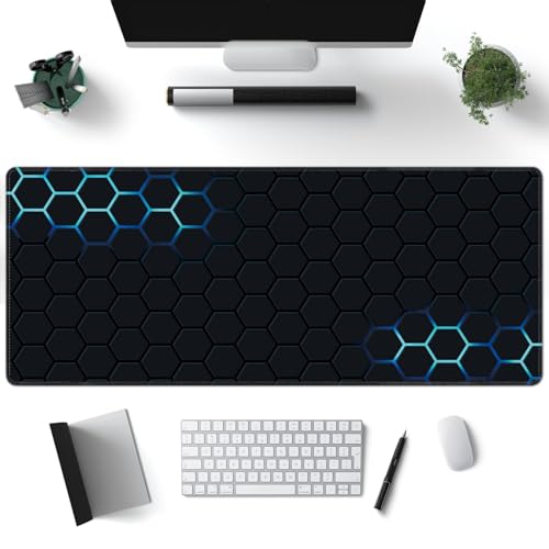 Desk Mat, Hexagon Blue Honeycomb XXL 35.4"x15.7"Large Gaming Mouse Pad, 3mm Thick Gaming Keyboard Pad,Desk Pad Non-Slip Rubber Base with Stitched Edges for Office Game Home Decor - color: Hexagon Blue Honeycomb