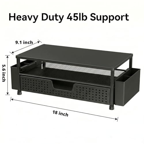 ECOLOVI Desk Organizer and Accessories, 2-Tier Computer Monitor Stand Rise with Storage Drawer & 2 Pen Holders, Laptop & Printer Stand for Desktop, Workspace Organizers for Office Supplies (Black Wood) - color: Black Wood