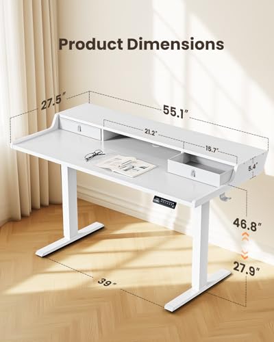 ErGear Electric Standing Desk with Drawers, 55″ x 28″ Gaming Table Compatible Monitor Stand, Stand up Desks, Home Office Height-Adjustable Desk with Storage Shelf, 4 Preset Heights, White - color: White, size: 55" X 28"