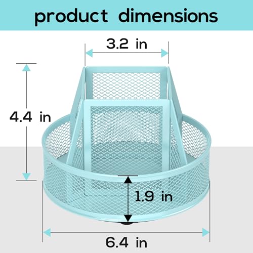 YINGHUA Metal Mesh Desk Organizer with 5 Compartments and Rotating Pencil Holder Pen and Stationery Organizer for Office Home School Anti Slip Base Blue - color: Blue