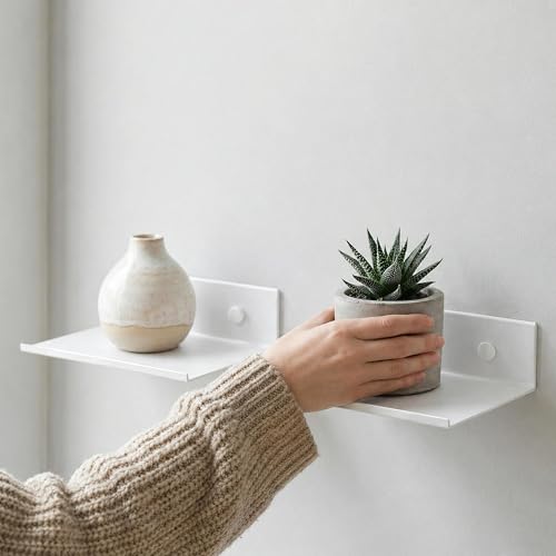 Z metnal Small Floating Shelves, Renter Friendly Mini Metal Display Shelf for Collection Action Figures, Aluminum, Adhesive & Wall Mounted, White, 6 inch, 2 Pack - color: White, size: 6 inch (2 Pack)