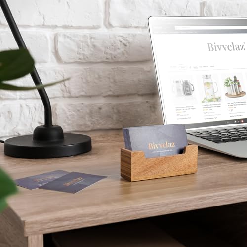 Bivvclaz Business Card Holder Desk, Acacia Wood Business Card Organizer Desktop Business Card Display Stand for Office Tabletop Exhibition, Small Business Essentials - color: Acacia