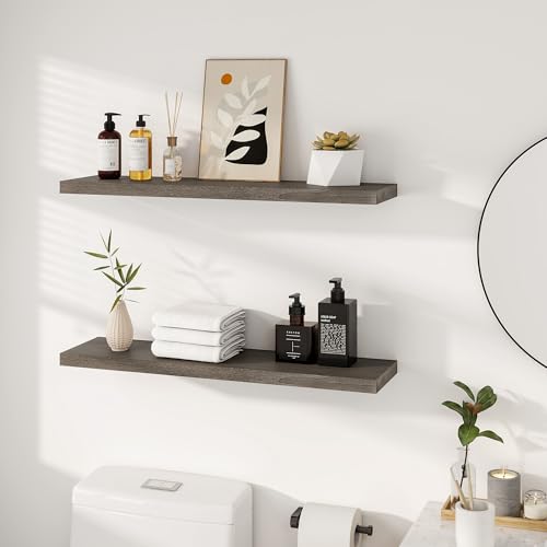 Vivelove Flat Edge Elm Wood Floating Shelf with Invisible Bracket 36”Grey - color: Grey, size: 36”,set of 2