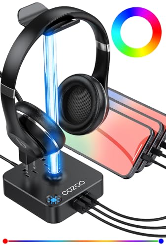 RGB Headphone Stand with USB Charger COZOO Desktop Gaming Headset Holder Hanger with 3 USB Charger and 2 Outlets - Great for Gaming, DJ, Wireless Earphone Display,Gamer PC Accessories Boyfriend Gifts - color: 2.Multi-LED lights
