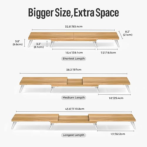 loukin Dual Monitor Stand Riser for Desk, 43.6"*8.2"*3.2" Large Computer Stand for 2 Monitors, Laptop, Printer, Length and Angle Adjustable Computer Shelf, Home Office,Max 43.6" Length Natural