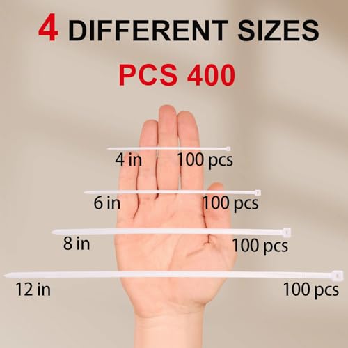 White Zip Ties Assorted Sizes 4+6+8+12 Inch, 400 Pack, Clear Zip Ties, White Cable Ties, Zipties Clear, UV Resistant Wire Ties, Plastic Ties, Tie Wraps Assorted Sizes, SiKuLin - size: 4+6+8+12 (400 Pack)