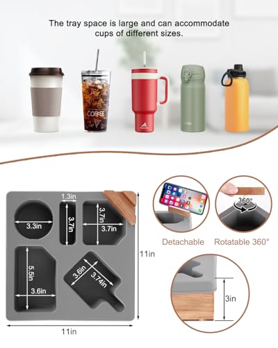 Couch Cup Holder Tray, Silicone Wooden Couch Caddy with Cup Holder for Snacks, Drinks, Remotes, Waterproof Cup Holder for Couch, Organizer, Couch Drink Holder, Sofa Cup Holder - color: C-gray