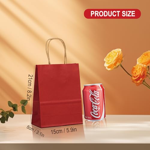 BAG BOX 100 Pack Small 5.9 * 3.2 * 8.3 Inch Inch Red Kraft Paper Gift Bags with Handles for Bulk Shopping, Retail, Craft, Party Favors, Wedding, Grocery & Sacks - color: Red, size: 5.9 * 3.1 * 8.25 inch(Pack of 100)