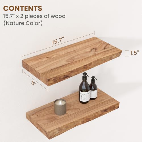 Floating Shelves for Wall, Rustic Solid Elm Wood Live Edge Floating Shelves Wall Mounted, Wall Shelves with Invisible Bracket for Living Room Bedroom Bathroom Kitchen, 15.7 Inch Set of 2, Natural - color: Natural, size: Live Edge, 15.7"L, 2Packs