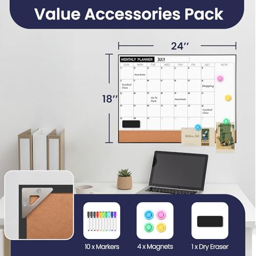 Dry Erase Calendar Cork Board Combo, 18 x 24 Inches Monthly Calendar Whiteboard for Wall, Magnetic White Board with Aluminium Alloy Frame, Hanging Dry Erase Board for Planner Office Kitchen Home Memo - size: 24"W x 18"H, style: Aluminium Alloy Frame