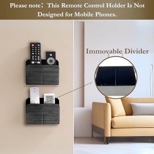 LINFIDITE 2 Pack Adhesive TV Remote Control Holder Wall Mount TV Remote Holder For Bedside Wall Remote Control Caddy Storage Organizer Stand Box (For 2 Or 4 Remote Controls – Black) - color: Gloss Black, size: 2 Pcs Fxed Dividers