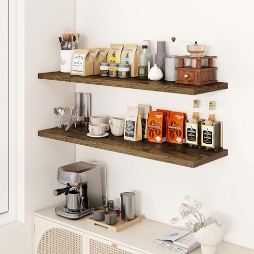 Dreamland 48" Floating Shelves for Wall, 12" Deep Slim Rustic Brown Floating Shelves,Wall-Mounted Shelves for Bedroom, Living Room, Kitchen, Bathroom - Set of 2 - color: Rustic Brown, size: 48"W x 12"D x 1.3"H, Set of 2