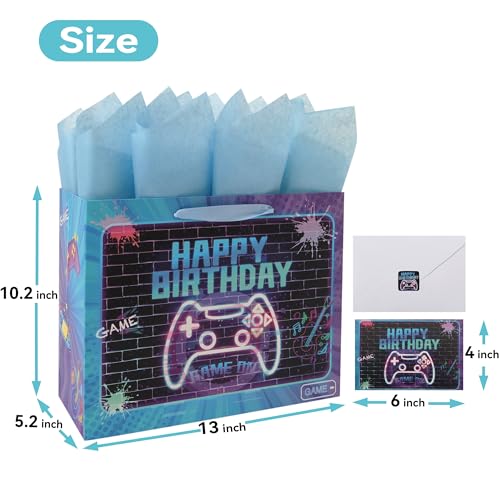 wishinside 13” Large Gamer-themed Birthday Gift Bag Set with Handles, Greeting Card, Tissue Papers and Stickers for Boys Girls Kids Teens Men Women, Game Design, 1 Pcs