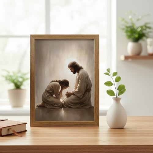 Framed Christian Wall Art, Jesus Comforting Prayer Canvas Print with Wooden Frame, Religious Faith Wall Decor for Living Room Bedroom Prayer Room Church, Ready to Hang, 8x10in - color: huise, size: 10"L x 8"W