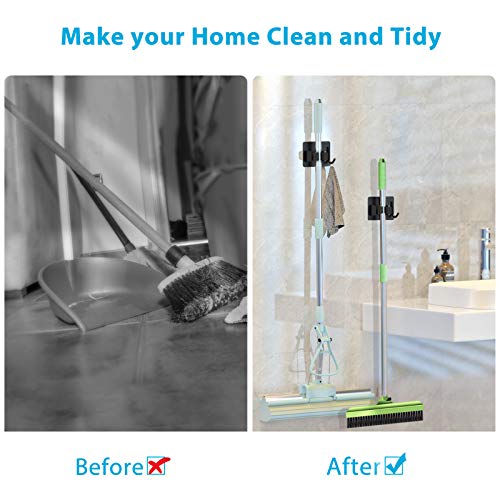 homeasy Mop Broom Holder No Drill, Mop Broom Organizer Wall Mounted Heavy Duty with Hooks Hanger, Self Adhesive Stainless Steel 6Pcs for Bathroom, Kitchen, Office (Black) - color: Black