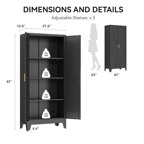 COFaR 61" Metal Pantry Cabinet in Black, Modern Storage Cabinet with Adjustable Shelves, Sturdy Metal Cupboard for Kitchen, Office, Living Room & Bathroom Organization - color: Black, size: 61"H 4 Tiers