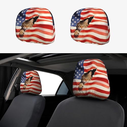 2 Pack Headrest Covers American Flag Head Seat Cover Accessories Funny Cat Pattern for Animal Lover - color: American Flag Red