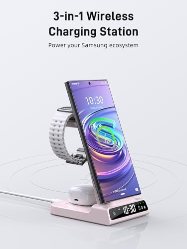 Wireless Charger for Samsung Charging Station: 3 in 1 Android Charging Stand with Dimmable Clock - Nightstand Organizer for Galaxy S25 Ultra, Galaxy Watch 8 7 6 5 4, Galaxy Buds (Not for iWatch) - color: Pink