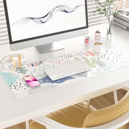 Colorful Star Large Mouse Pad, Waterproof PU Leather Abstract Desk Mat for Women Girls, Cute Desk Accessories Minimalist Home Office Decor, Kids Deak Pad Non-Slip Writing Mat 31.5" x 11.8" - color: Watercolor Plants, size: 31.5L x 11.8W inches