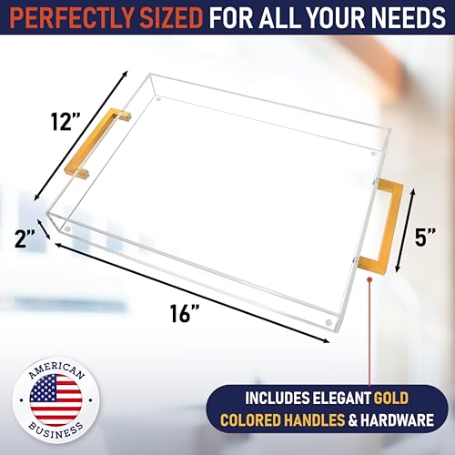Acrylic Serving Tray with Gold Handles, 16" x 12" Decorative Tray for Coffee Table, Spill-Proof Server for Food and Drinks. Multipurpose for Kitchen, Countertop, Vanity, Ottoman, and Parties (Clear) - color: Clear