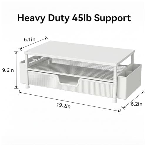 ECOLOVI Desk Organizer and Accessories, 2-Tier Computer Monitor Stand Rise with Storage Drawer & 2 Pen Holders, Laptop & Printer Stand for Desktop, Workspace Organizers for Office Supplies (White) - color: White