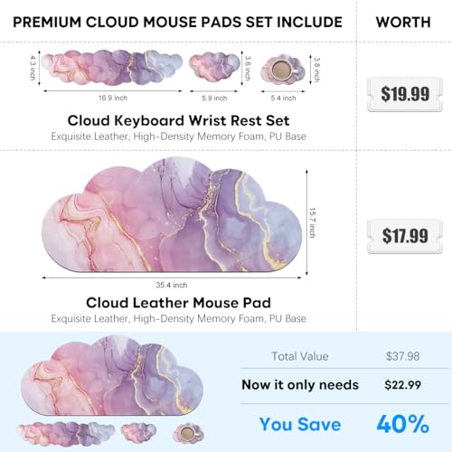 JIKIOU Ergonomic Keyboard Wrist Rest &Large Mouse Pad&Mouse Wrist & Cup Pad | Cute Cloud Shape, 4 in 1 Memory Foam Desk Mat, Ultra-smooth Surface, Savior of Wrist Pain, Anti-slip Rubber Base, Waterproof - color: 07Marble Pink