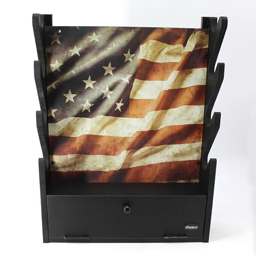 Rush Creek Creations Engineered Wood Gun Rack - Wall Mount Display for 4 Rifles/Shotguns, American Flag Design with Accessory Storage - color: Black