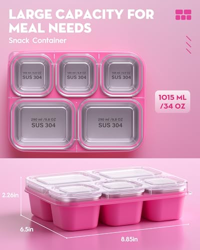 BiuLeon Snackle Box Containers, Stainless Steel 5 Compartments Divided Serving Tray with Lid, Removable LeakProof Portable Bento Box for Fruit Candy Nuts Food - School, Picnic and Travel(Pink) - color: Pink