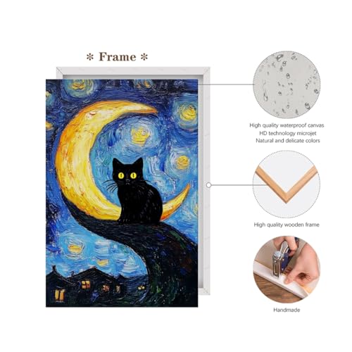 Funny Black Cat Wall Art Trendy Tree and Moon Oil Paintings Animal Poster Abstract Cat Floral Prints Posters Wall Decor Aesthetic for Farmhouse Gallery Bedroom 12x18inch Framed - color: Antique cat - Wooden Framed, size: 12"L x 18"W