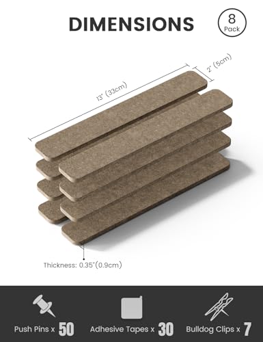 Fluxynara Cork Board Alternative Felt Strip Board 8-Pack 13"x2", Office Pin Board with 50 Push Pins, Adhesive Install for Bedroom Door & Home Office (Earth Brown) - color: Earth Brown, size: 8-pack